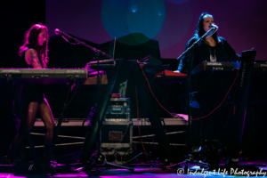 Men Without Hats keyboard players Rachel Ashmore and Lou Dawson live in concert on the Retro Futura 2017 tour in St. Charles, MO on August 19, 2017.