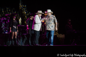 Country and pop music legends Mickey Gilley and Johnny Lee together for the Urban Cowboy reunion show at Star Pavilion inside of Ameristar Casino Hotel Kansas City on July 13, 2018.