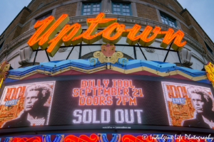 Uptown Theater marquee in Kansas City, MO featuring Billy Idol live in concert on September 21, 2018.