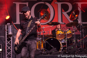 Bass guitarist Marty O'Brien and drummer Bobby Rock of Lita Ford's band performing at VooDoo Lounge inside of Harrah's North Kansas City Casino & Hotel on August 17, 2018.