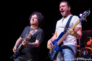 Toto touring member and bass guitarist Shem Von Schroeck live in concert with guitarist Steve Lukather at CrossroadsKC in Kansas City, MO on August 21, 2018.