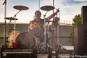 A Flock of Seagulls drummer Kevin Rankin performing live at Town Center Plaza's Sunset Music Fest in Leawood, KS on June 27, 2019.