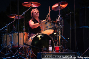 A Flock of Seagulls drummer Kevin Rankin in a live encore performance at Sunset Music Fest on the Town Center Plaza in Leawood, KS on June 27, 2019.