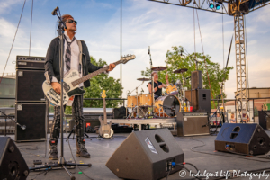 A Flock of Seagulls guitar player Pando and drummer Kevin Rankin performing together at Sunset Music Fest in Leawood, KS on June 27, 2019.