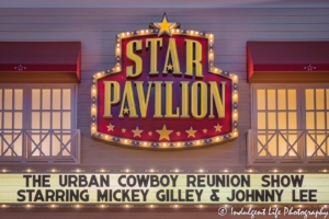 Star Pavilion marquee at Ameristar Casino Hotel Kansas City featuring the "Urban Cowboy" reunion show with Mickey Gilley and Johnny Lee on July 12, 2019.