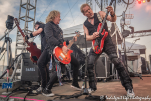 Night Ranger members Keri Kelli, Jack Blades and Brad Gillis playing guitars together at the Missouri State Fair's Pepsi Grandstand in Sedalia, MO on August 16, 2019.