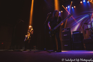 Queensrÿche bass player Eddie Jackson and guitarist Parker Lundgren in concert together at Ameristar Casino in Kansas City, MO on September 20, 2019.