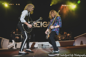 Foreigner guitarist Bruce Watson and bass player Jeff Pilson jamming together at Hartman Arena in Park City, KS on August 7, 2021.
