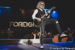 Foreigner band member Bruce Watson solo on the guitar at Hartman Arena in Park City, KS on August 7, 2021.
