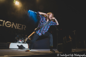 Bass player Jeff Pilson of Foreigner hyping the crowd at Hartman Arena in Wichita suburb Park City, KS on August 7, 2021.