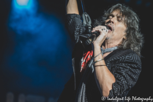Lead singer Kelly Hansen of Foreigner singing live on the "Greatest Hits" tour stop at Hartman Arena in Wichita area suburb Park City, KS on August 7, 2021.