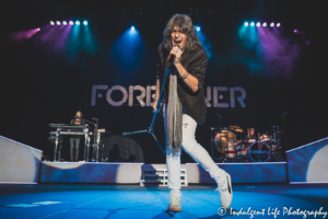 Frontman Kelly Hansen of Foreigner singing "Head Games" live at Hartman Arena in Park City, KS on August 7, 2021.