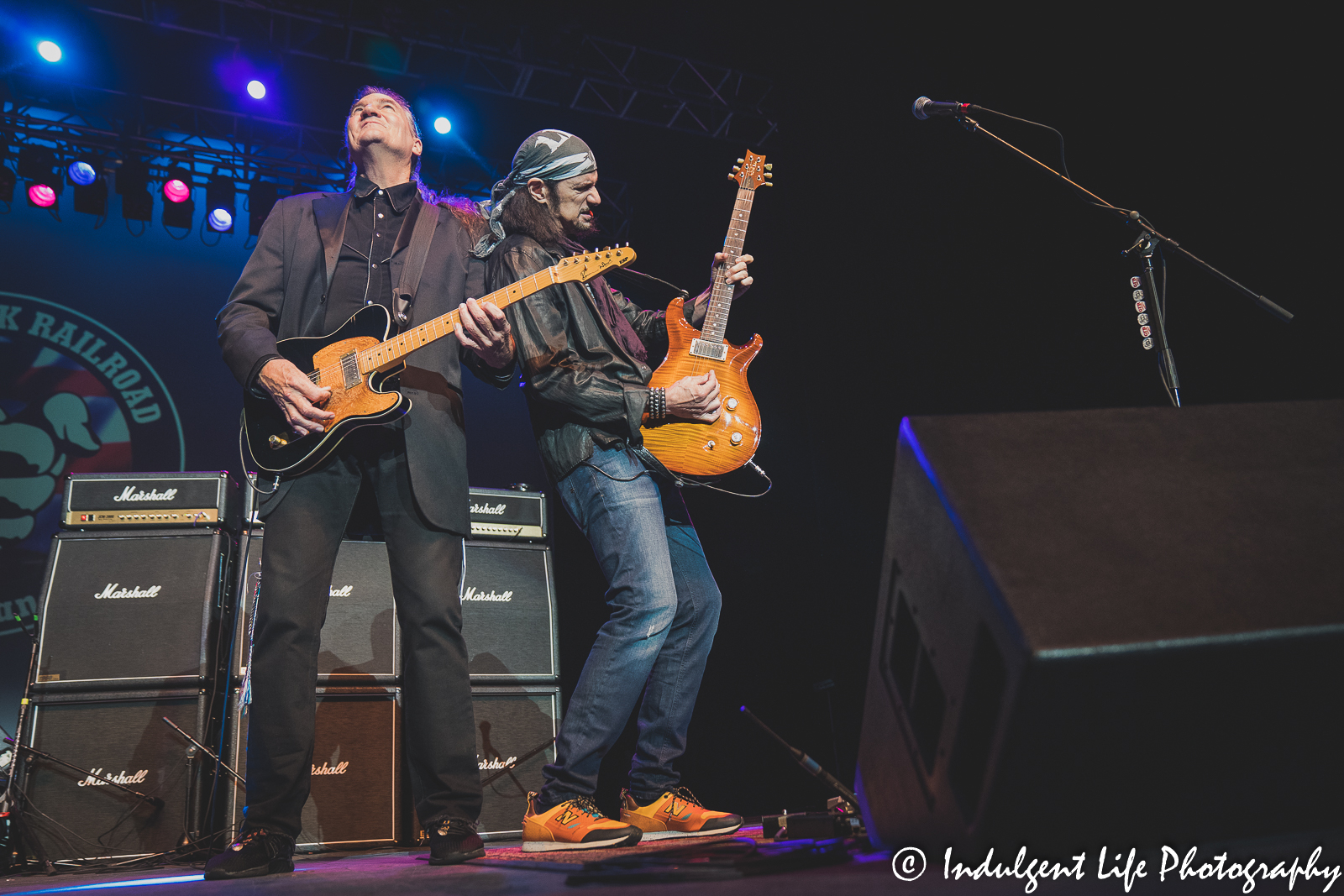 Grand Funk Railroad guitar players Max Carl and Bruce Kulick live in concert together at Ameristar Casino's Star Pavilion in Kansas City, MO on September 18, 2021.