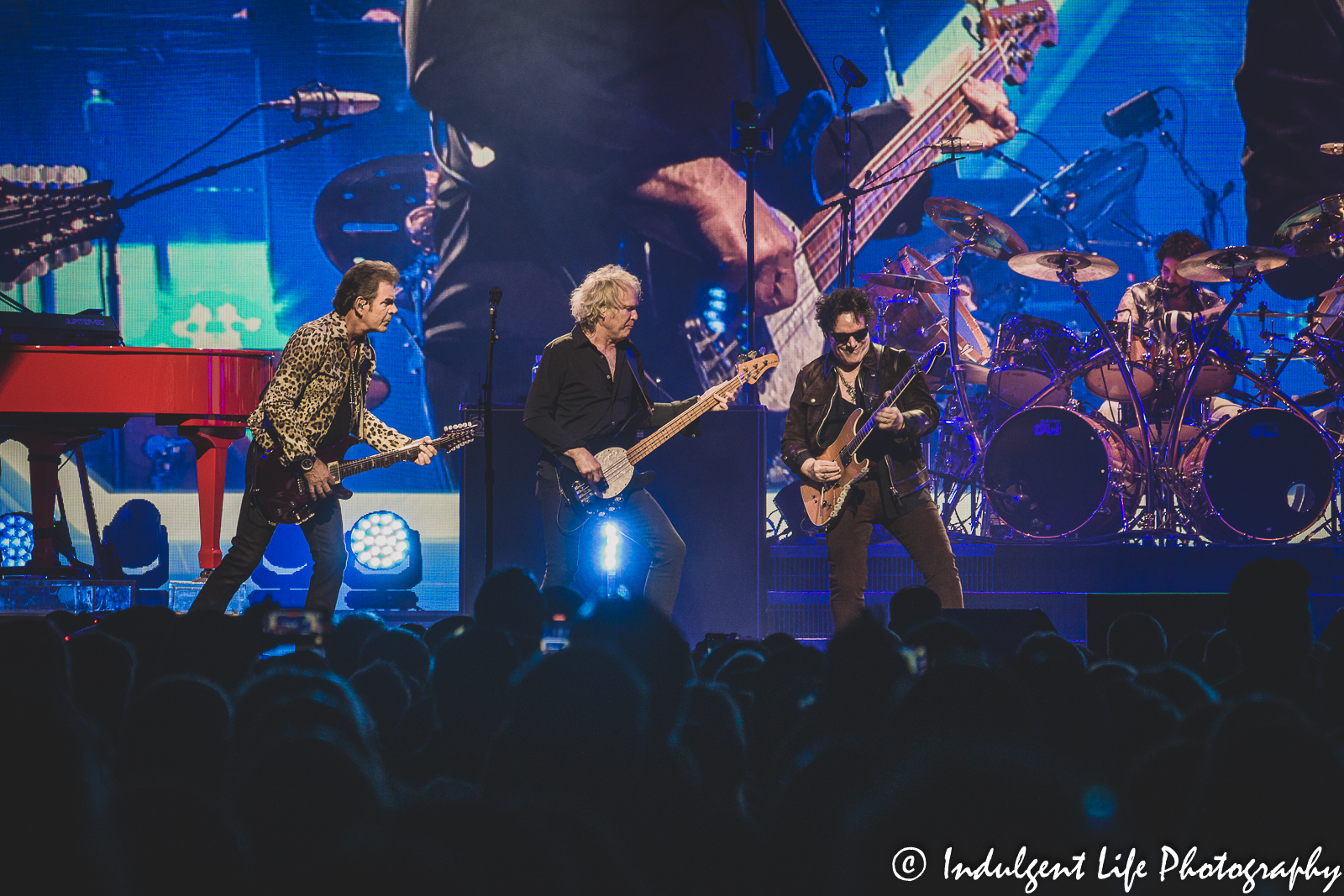 Journey classic member Jonathan Cain with Todd Jensen and founding member Neil Schon performing with drummer Deen Castronovo at T-Mobile Center in downtown Kansas City, MO on March 16, 2022.