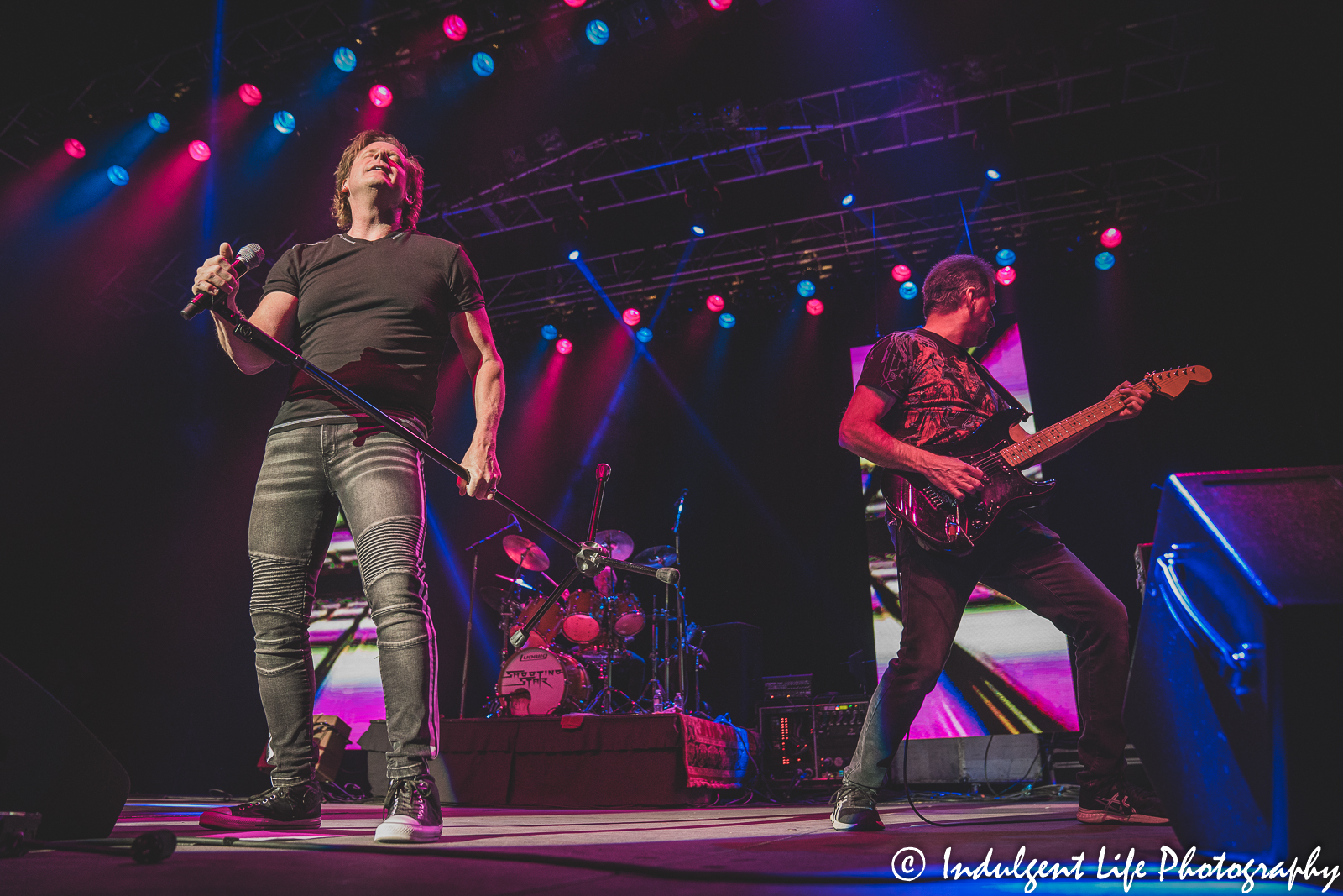 Shooting Star lead singer Todd Pettygrove performing with guitarist Chet Galloway and drummer Steve Thomas at Ameristar Casino in Kansas City, MO on April 9, 2022.