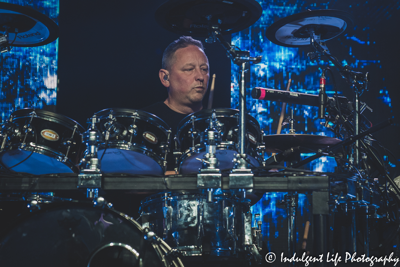 OMD drummer Stuart Kershaw live in concert at The Truman in downtown Kansas City, MO on May 8, 2022.