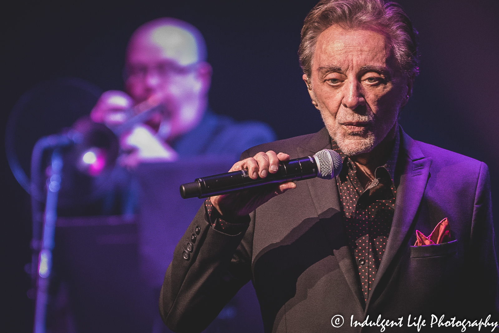 Frankie Valli performing with his trumpet player at Kauffman Center for the Performing Arts in downtown Kansas City, MO on June 4, 2022.