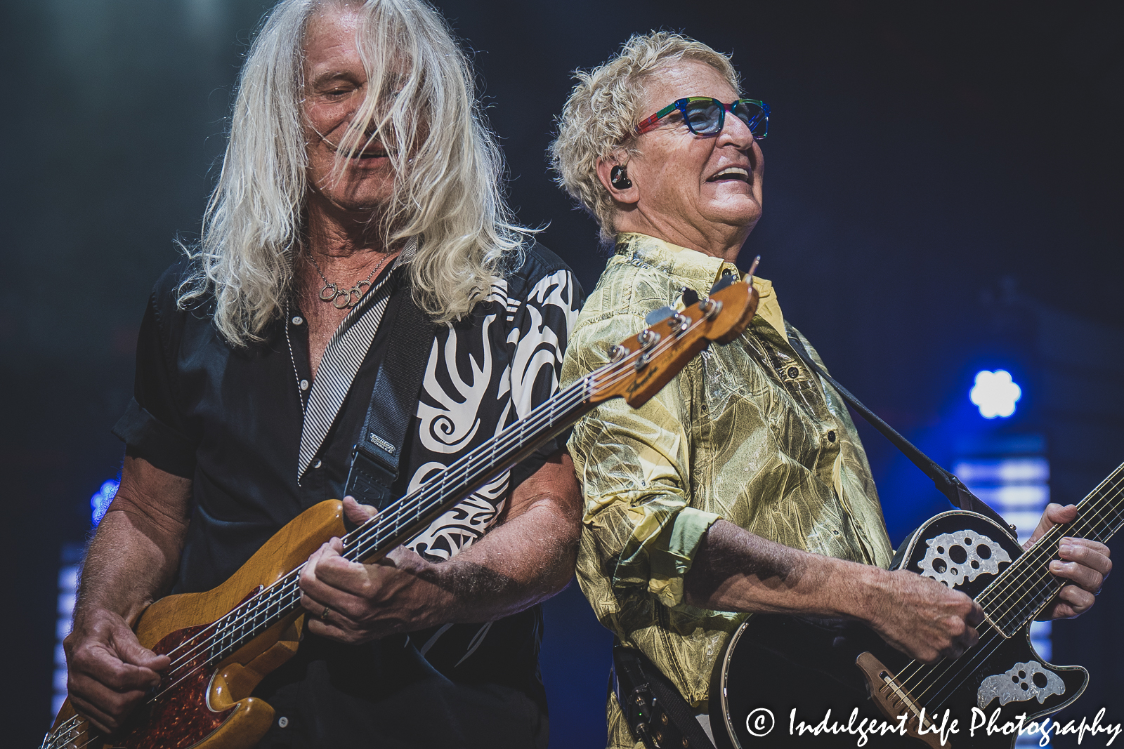 REO Speedwagon bass player Bruce Hall performing with frontman and guitarist Kevin Cronin at Starlight Theatre in Kansas City, MO on June 14, 2022.