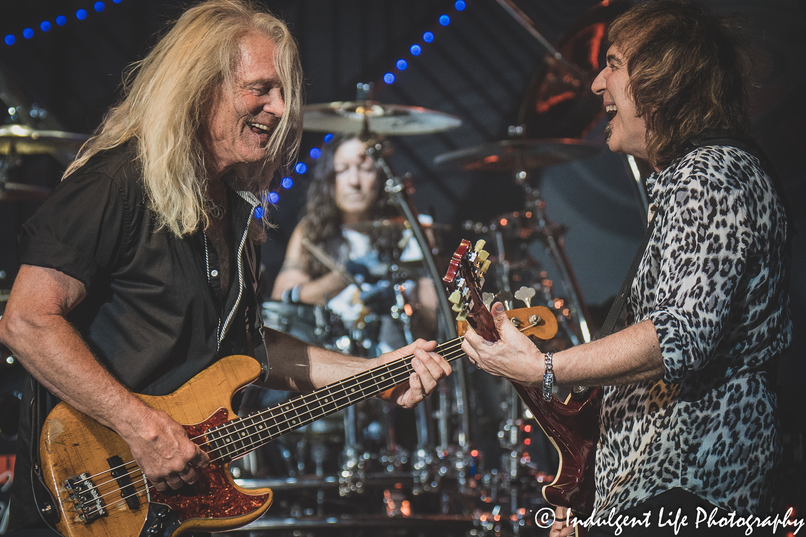 REO Speedwagon band members Bruce Hall, Bryan Hitt and Dave Amato playing together at Starlight Theatre in Kansas City, MO on June 14, 2022.