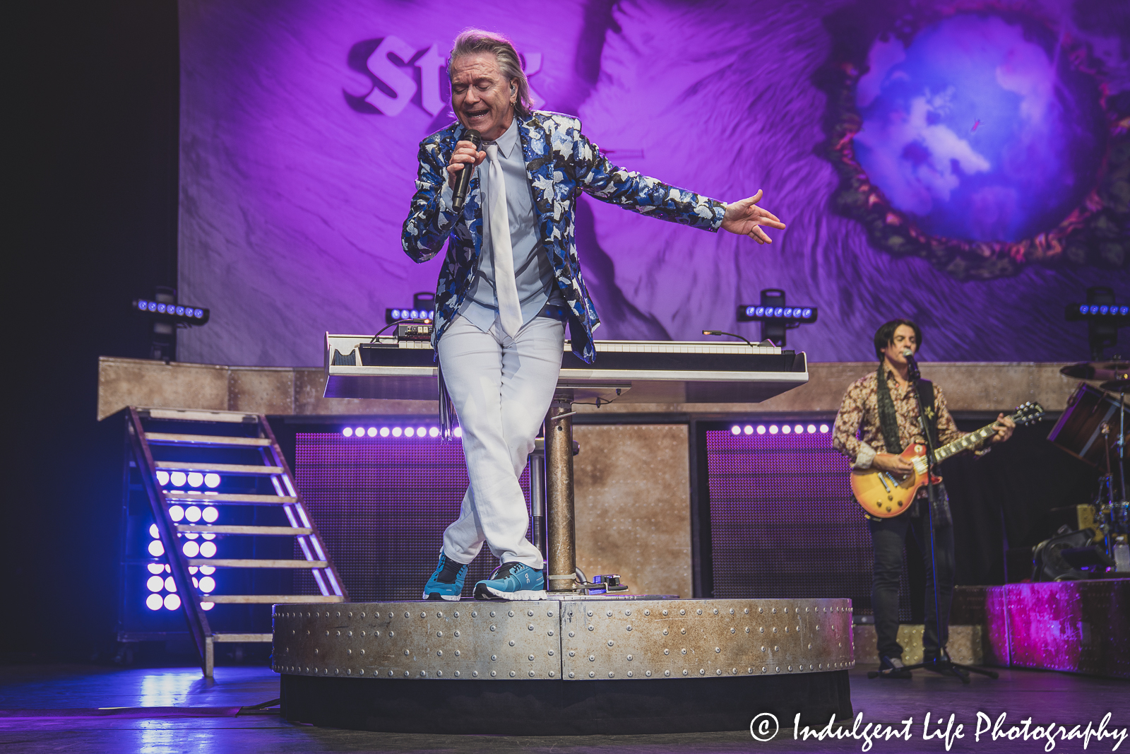 Styx lead singer and keyboardist Lawrence Gowan performing with guitarist Will Evankovich at Starlight Theatre in Kansas City, MO on June 14, 2022.