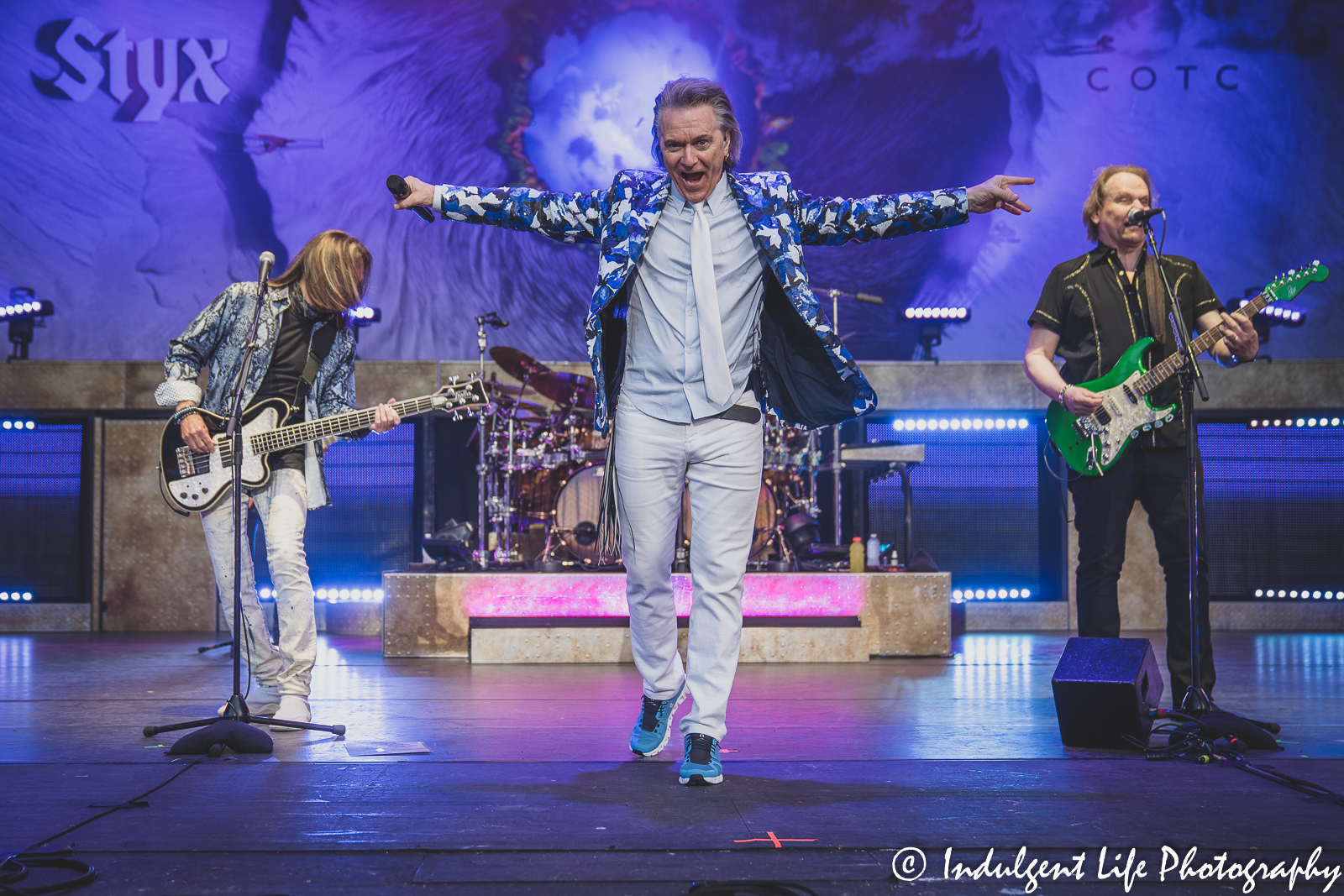 Frontman Lawrence Gowan of Styx performing live with bass player Ricky Phillips and guitarist James "J.Y." Young at Starlight Theatre in Kansas City, MO on June 14, 2022.