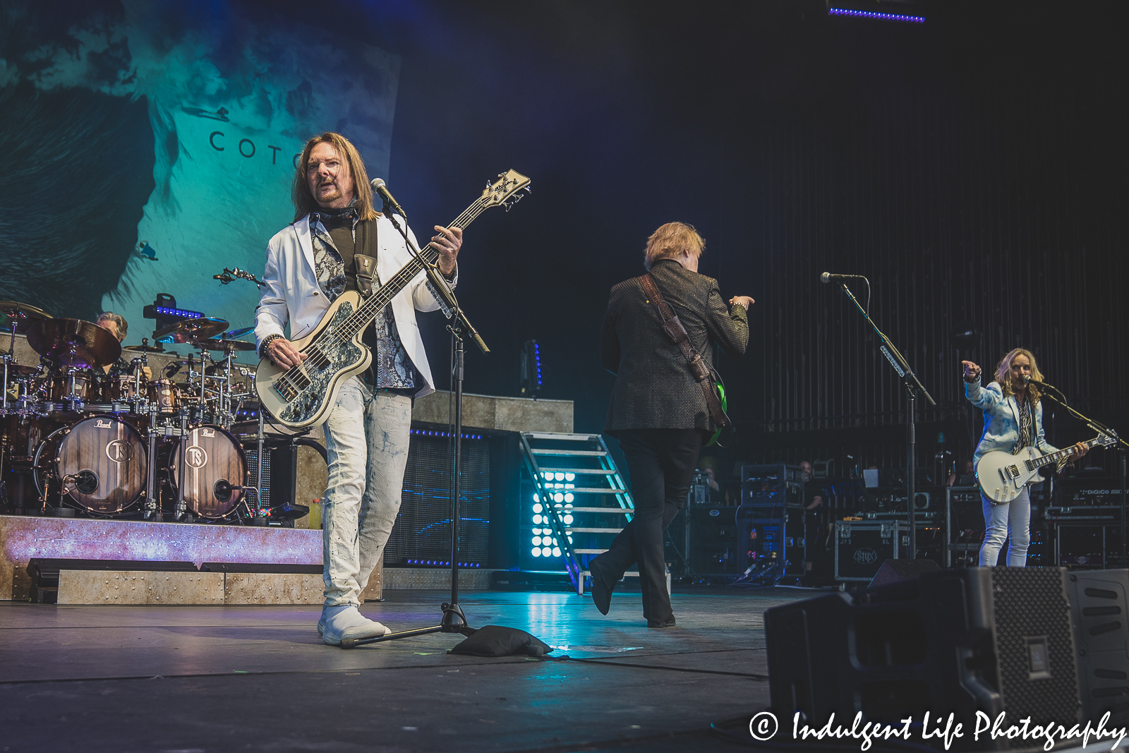 Styx bass guitarist Ricky Phillips playing live with Todd Sucherman, James "J.Y." Young and Tommy Shaw at Starlight Theatre in Kansas City, MO on June 14, 2022.