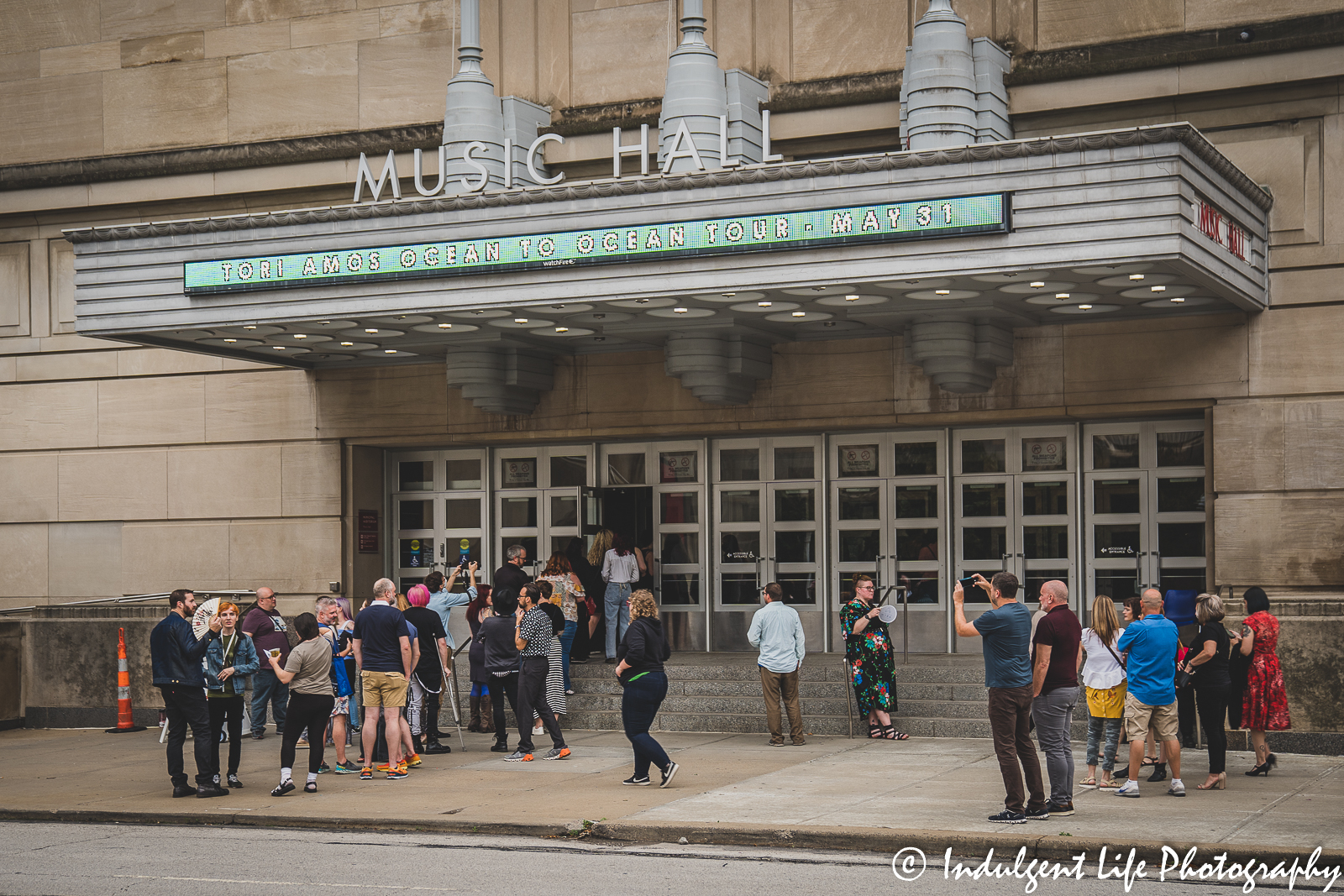 Marquee outside of Music Hall in downtown Kansas City, MO featuring singer-songwriter and pianist Tori Amos on May 31, 2022.