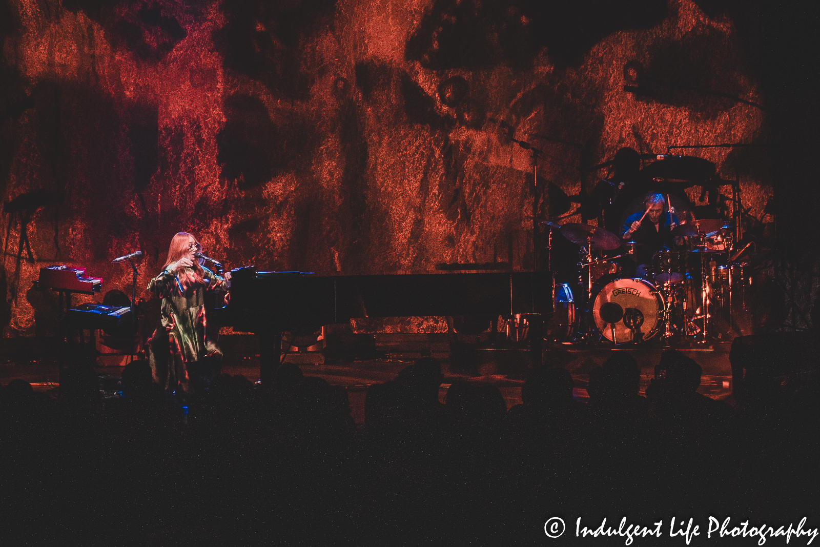 Singer-songwriter and pianist Tori Amos and drummer Ash Soan opening her "Ocean to Ocean" concert tour performance at Kansas City Music Hall on May 31, 2022.