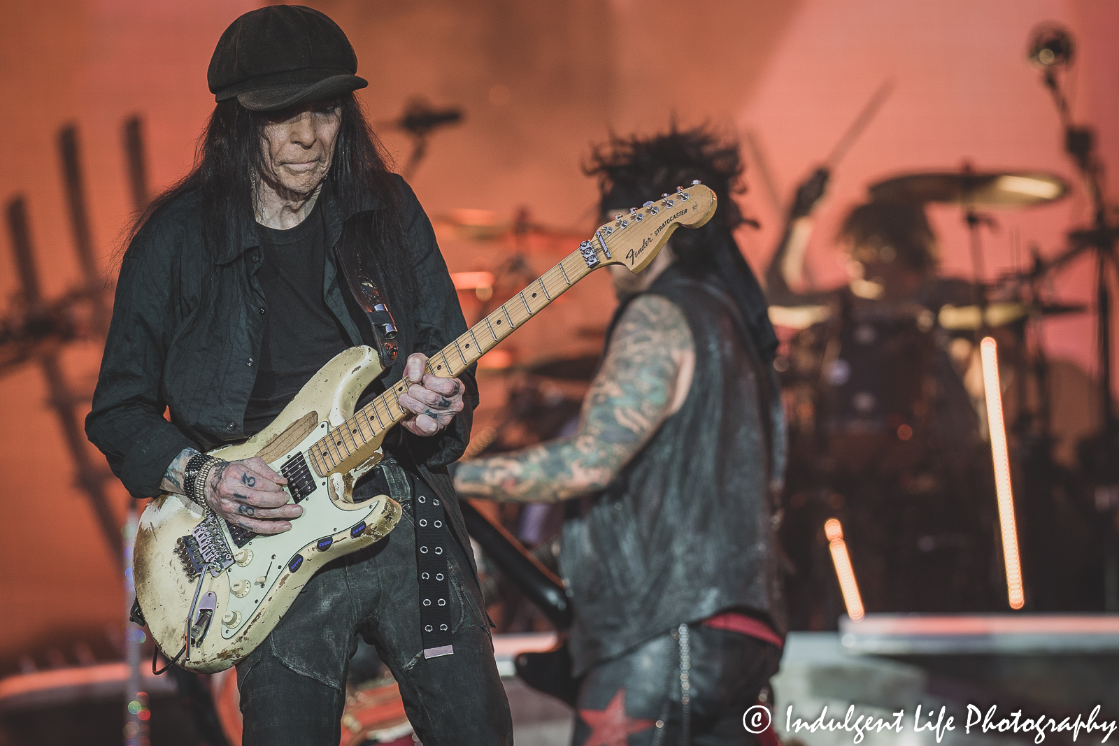 Guitarist Mick Mars of Mötley Crüe live in concert during the stadium tour stop at Kauffman Stadium in Kansas City, MO on July 19, 2022.