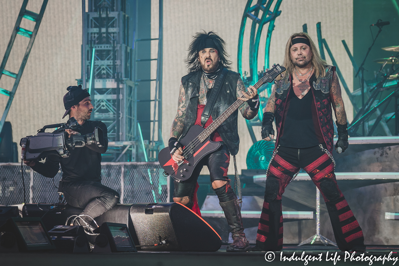 Mötley Crüe members Nikki Sixx and Vince Neil performing live in concert together at Kauffman Stadium in Kansas City, MO on July 19, 2022.