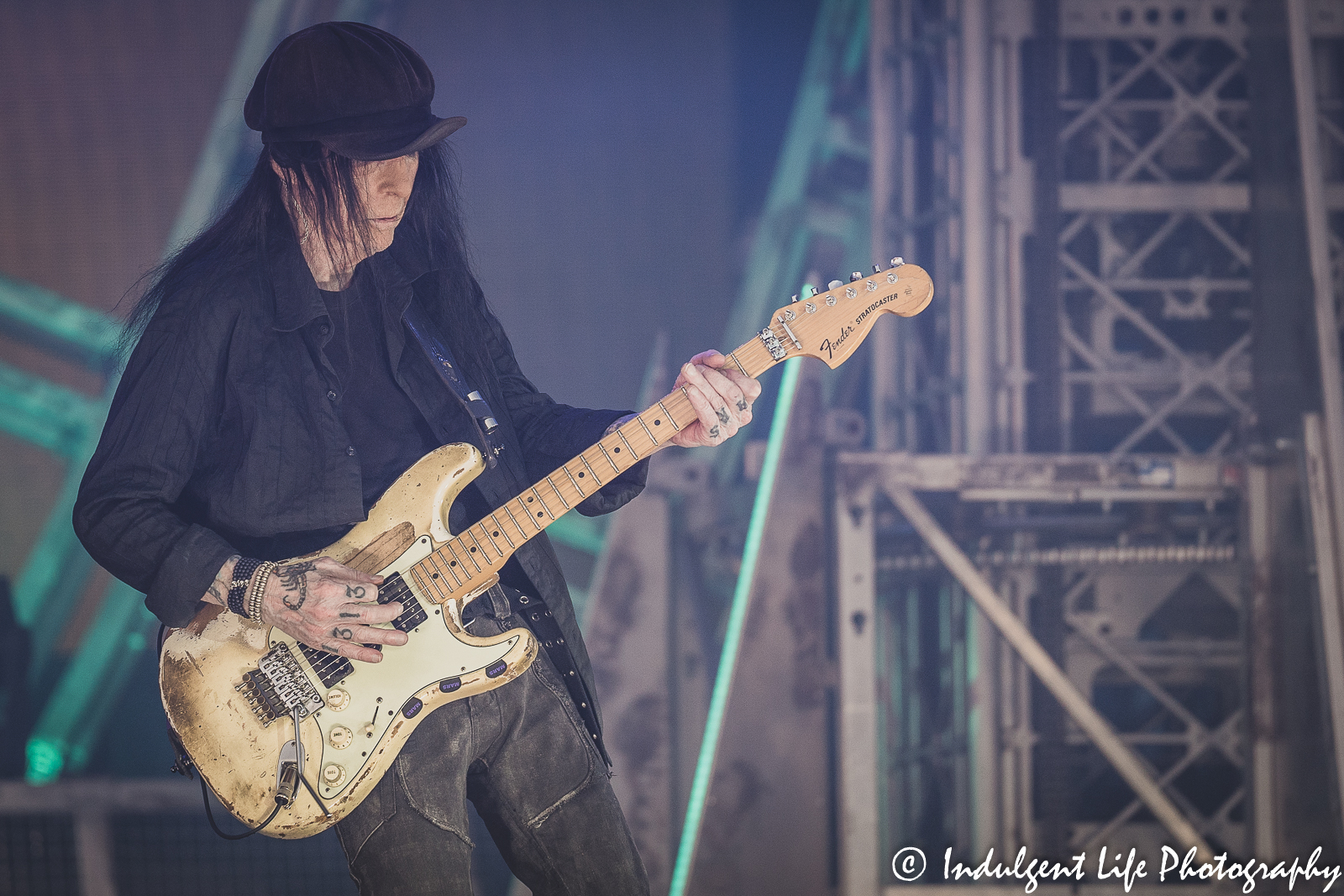 Mötley Crüe guitarist Mick Mars playing live during the stadium tour stop at Kauffman Stadium in Kansas City, MO on July 19, 2022.