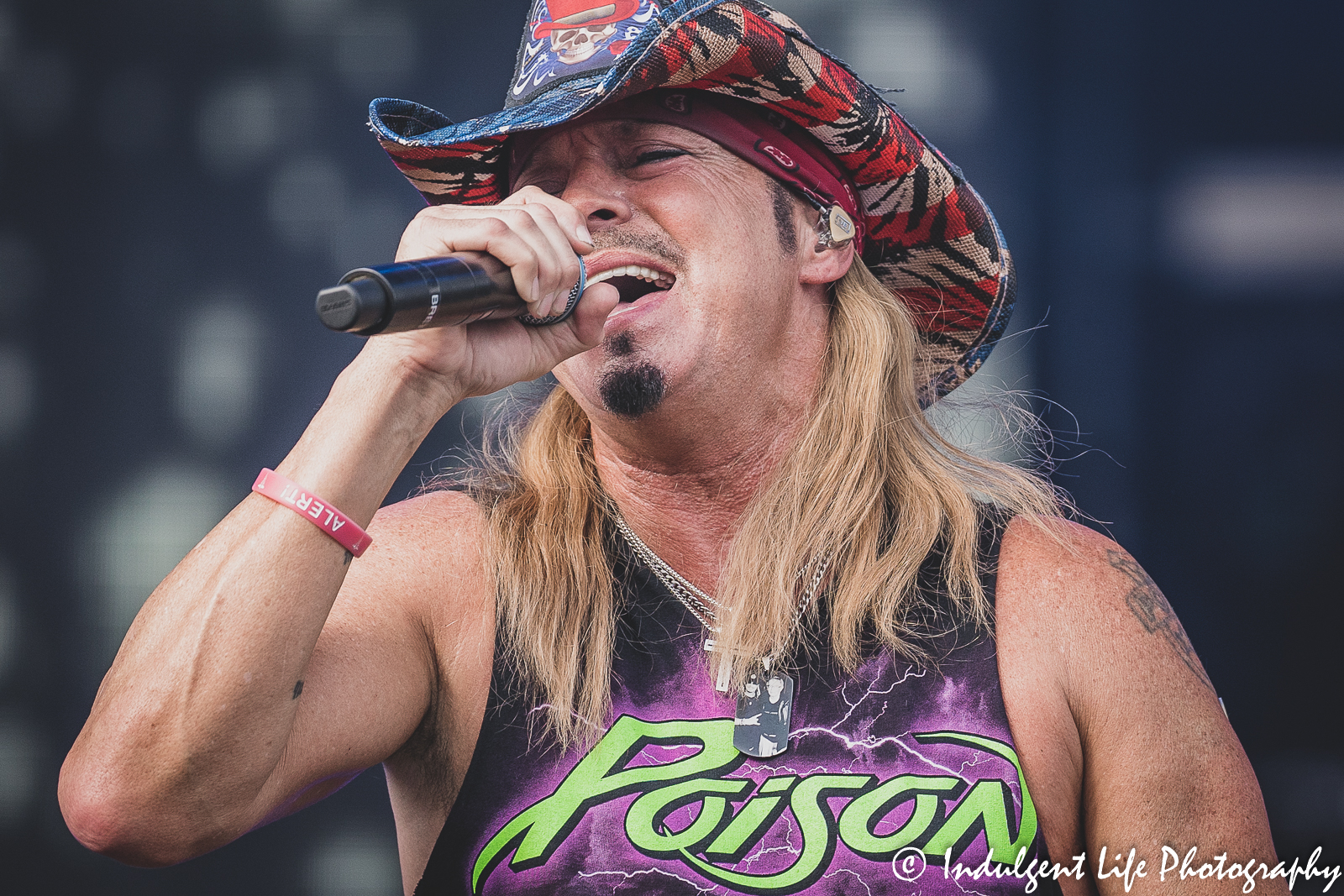 Frontman Bret Michaels of Poison live in concert during the stadium tour stop at Kauffman Stadium in Kansas City, MO on July 19, 2022.