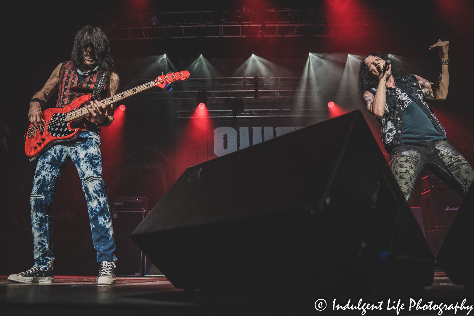 Quiet Riot bass guitarist Rudy Sarzo and frontman Jizzy Pearl live in concert together at Ameristar Casino in Kansas City, MO on July 29, 2022.