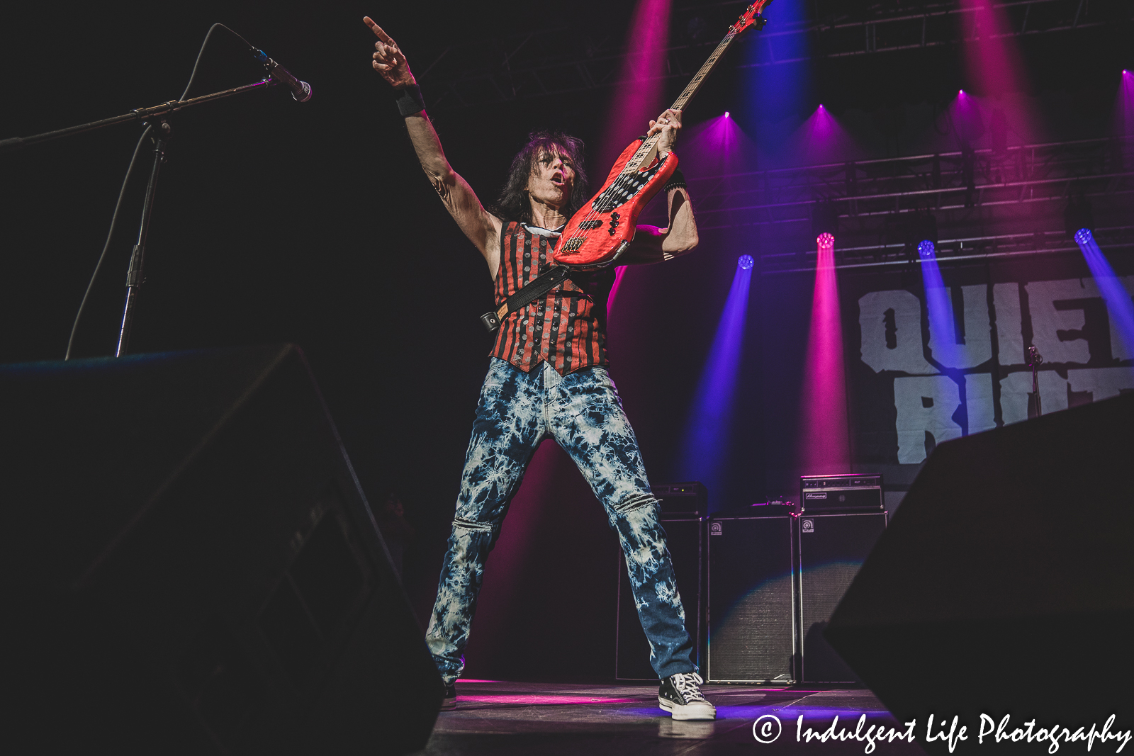 Bass player Rudy Sarzo of Quiet Riot in a live performance at Star Pavilion inside of Ameristar Casino in Kansas City, MO on July 29, 2022.