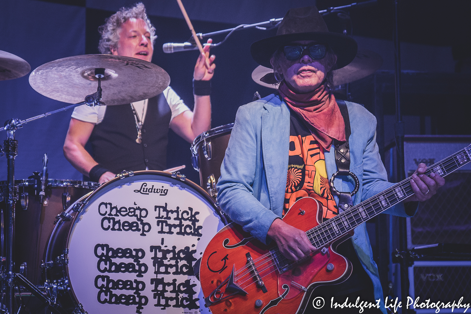 Cheap Trick bass guitarist Tom Petersson live in concert with drummer Daxx Nielsen at Uptown Theater in Kansas City, MO on September 13, 2022.