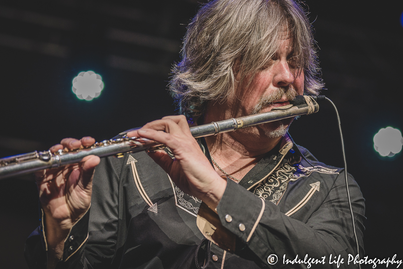 The Marshall Tucker Band multi-instrumentalist Marcus James Henderson playing the flute live at Star Pavilion inside of Ameristar Casino in Kansas City, MO on October 28, 2022.
