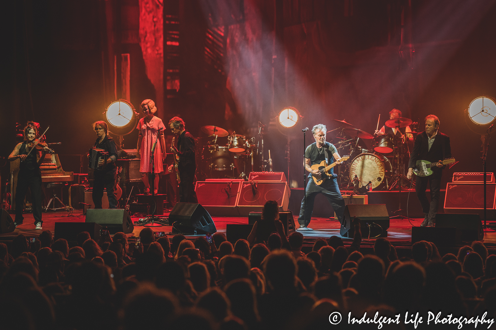 John Mellencamp performing "Paper in Fire" with violinist Lisa Germano, accordian player Troye Kinnett, guitarist Andy York, drummer Dane Clark and guitarist Mike Wanchic at The Midland Theatre in downtown Kansas City, MO on April 4, 2023.