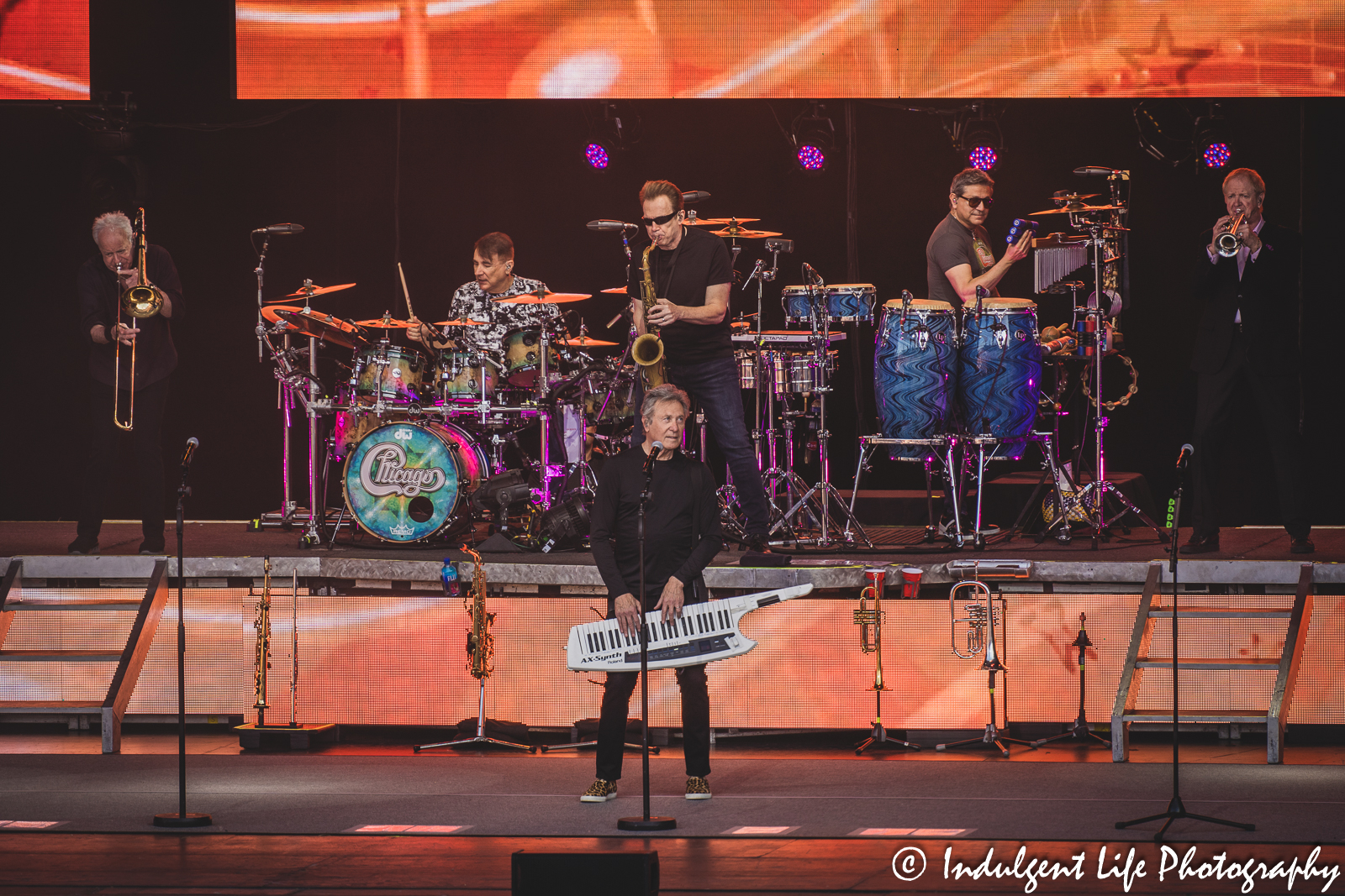 Soft rock band Chicago opening its concert with Robert Lamm playing the keytar at Starlight Theatre in Kansas City, MO on May 26, 2023.