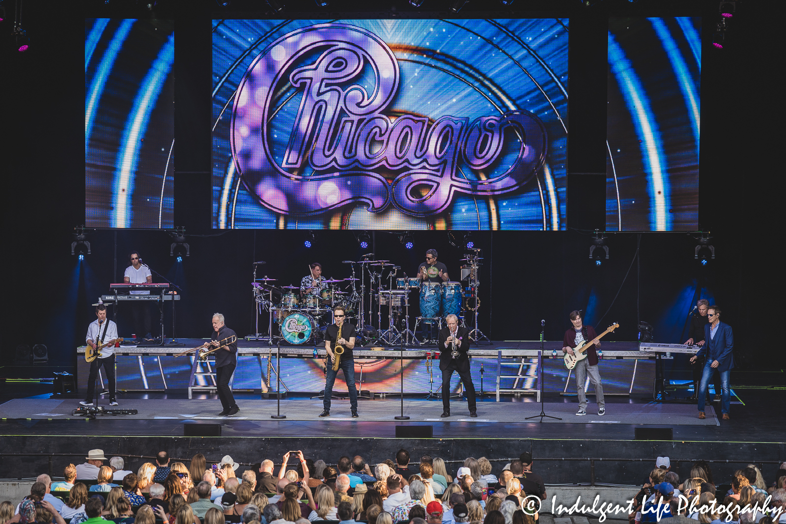 Starlight Theatre live concert in Kansas City, MO featuring rock band Chicago on May 26, 2023.