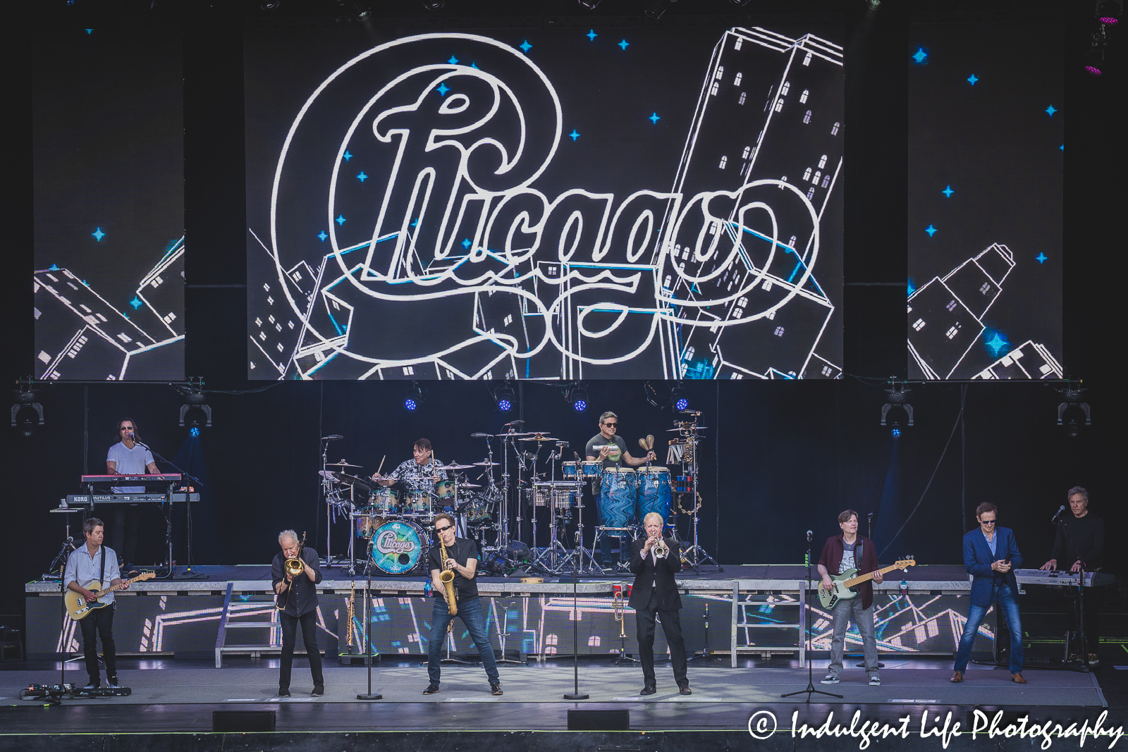 Rock band Chicago performing live in concert at Kansas City's Starlight Theatre on May 26, 2023.