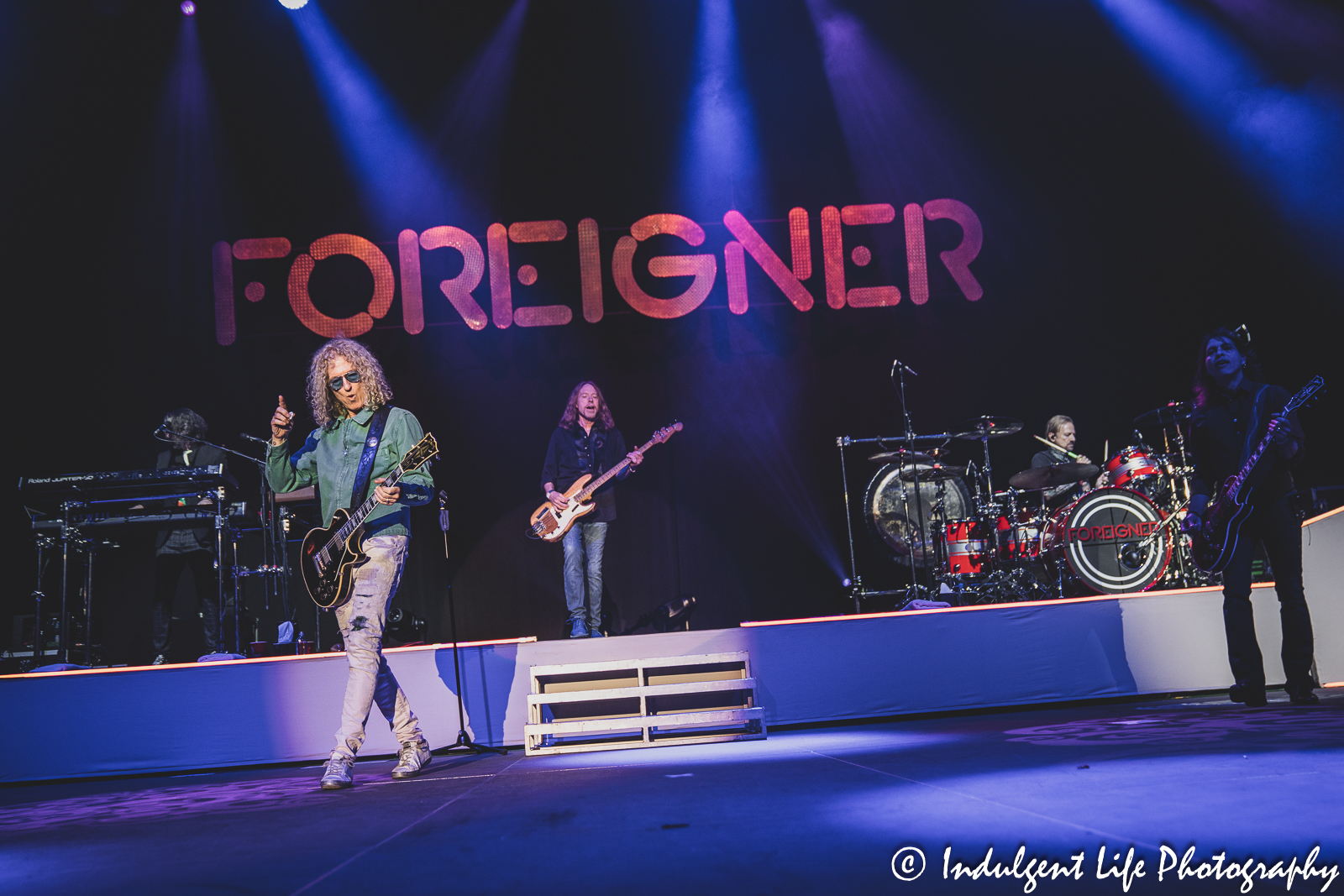 Foreigner band members Michael Bluestein, Bruce Watson, Jeff Pilson, Chris Frazier and Luis Maldonado in concert together at Hartman Arena in Park City, KS on April 30, 2023.