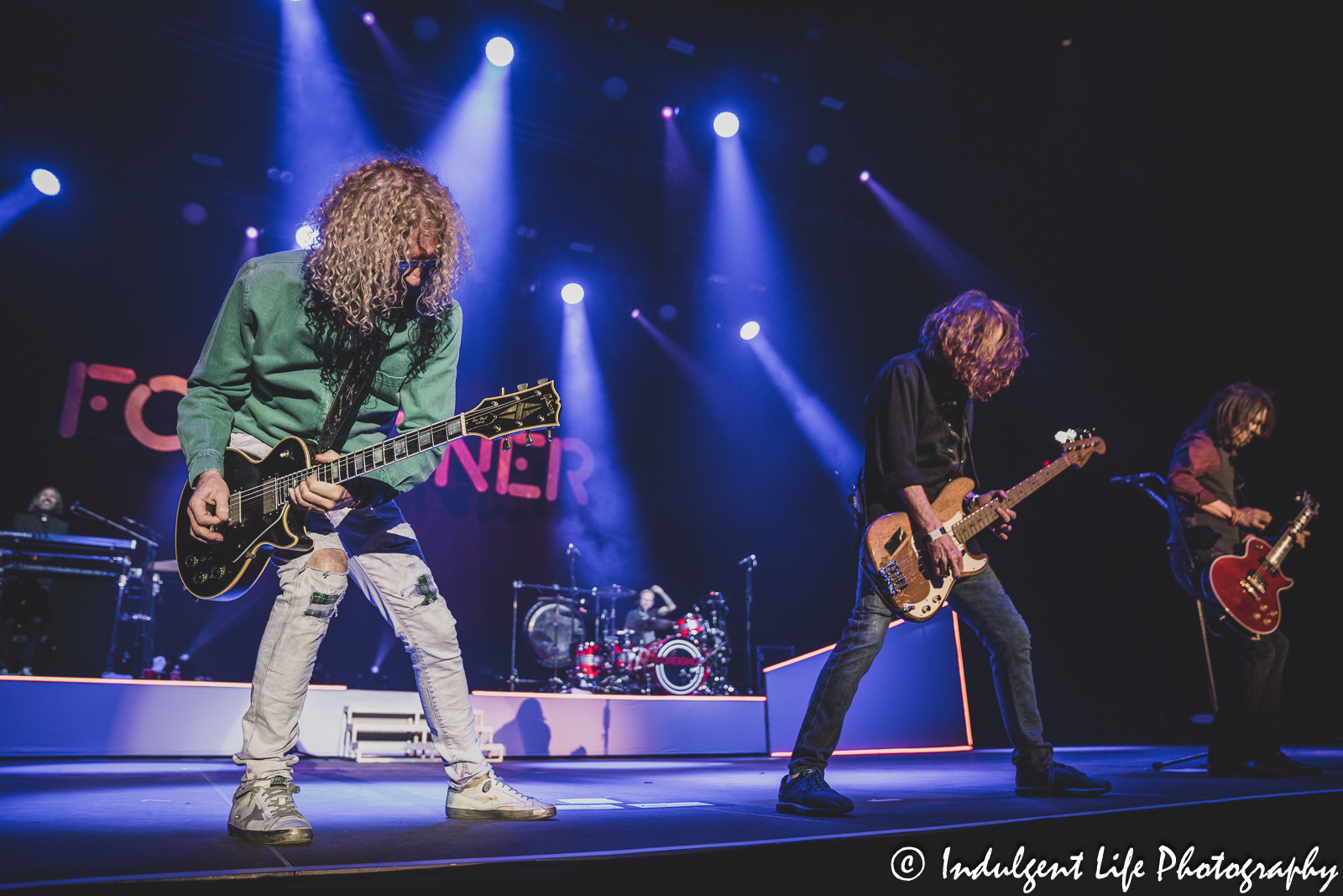 Foreigner band members Michael Bluestein, Bruce Watson, Chris Frazier, Jeff Pilson and Luis Maldonado performing together at Hartman Arena in Park City, KS on April 30, 2023.