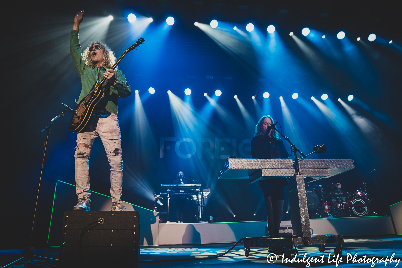 Foreigner band members Bruce Watson, Michael Bluestein, Jeff Pilson and Chris Frazier performing "Cold as Ice" together at Hartman Arena in Park City, KS on April 30, 2023.