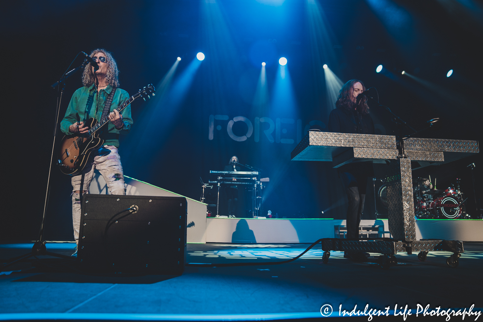 Band members Bruce Watson, Michael Bluestein, Jeff Pilson and Chris Frazier of Foreigner performing "Cold as Ice" together at Hartman Arena in Park City, KS on April 30, 2023.