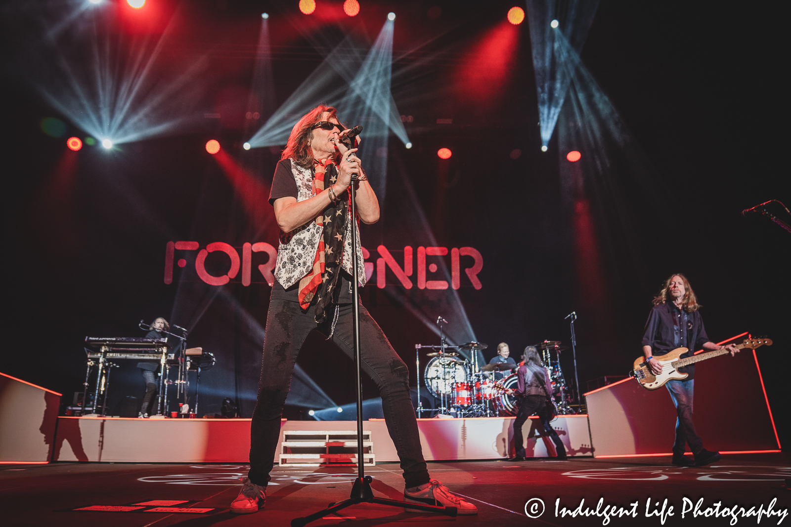 Lead singer Kelly Hansen performing "Double Vision" with his band Foreigner at Hartman Arena in Park City, KS on April 30, 2023.