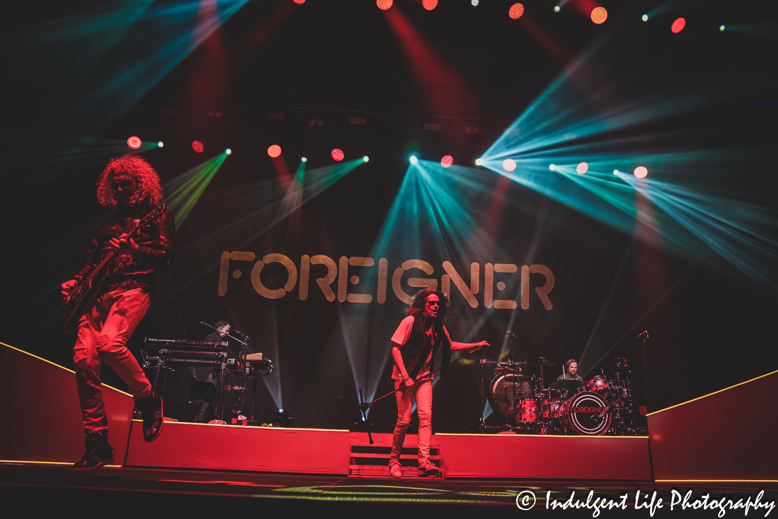 Foreigner taking to the stage as the band performs live at Landon Arena inside Stormont Vail Events Center in Topeka, KS on May 2, 2023.
