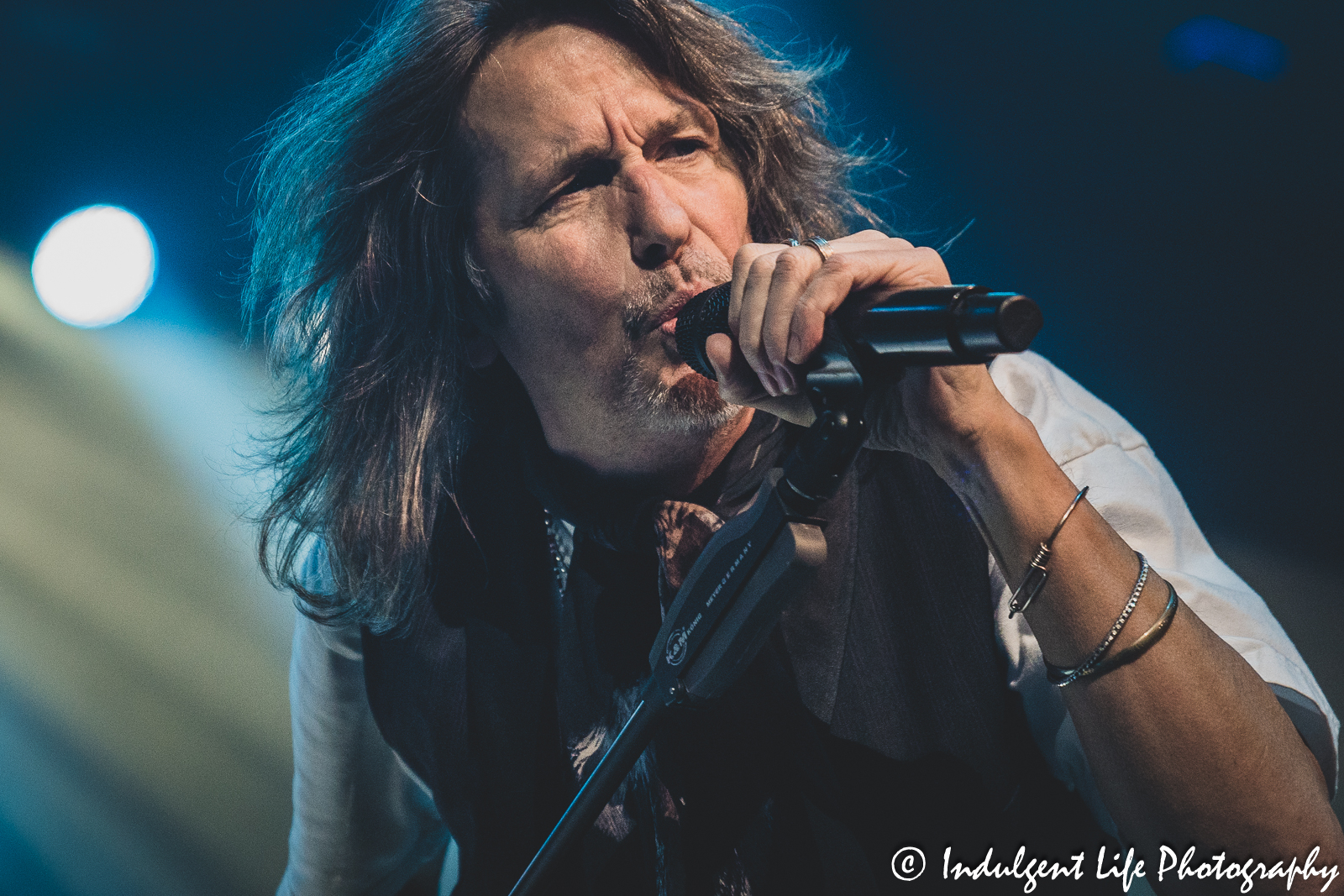 Foreigner lead vocalist Kelly Hansen singing "Cold as Ice" live at Landon Arena inside of Stormont Vail Events Center in Topeka, KS on May 2, 2023.