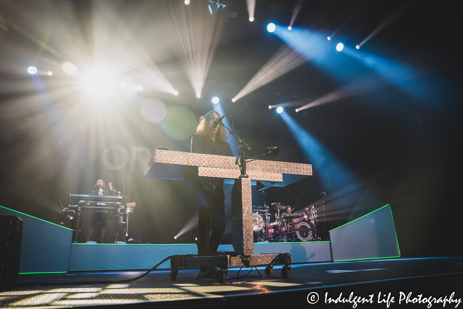 Foreigner band member Jeff Pilson on the keyboards performing "Cold as Ice" at Stormont Vail Events Center in Topeka, KS on May 2, 2023.