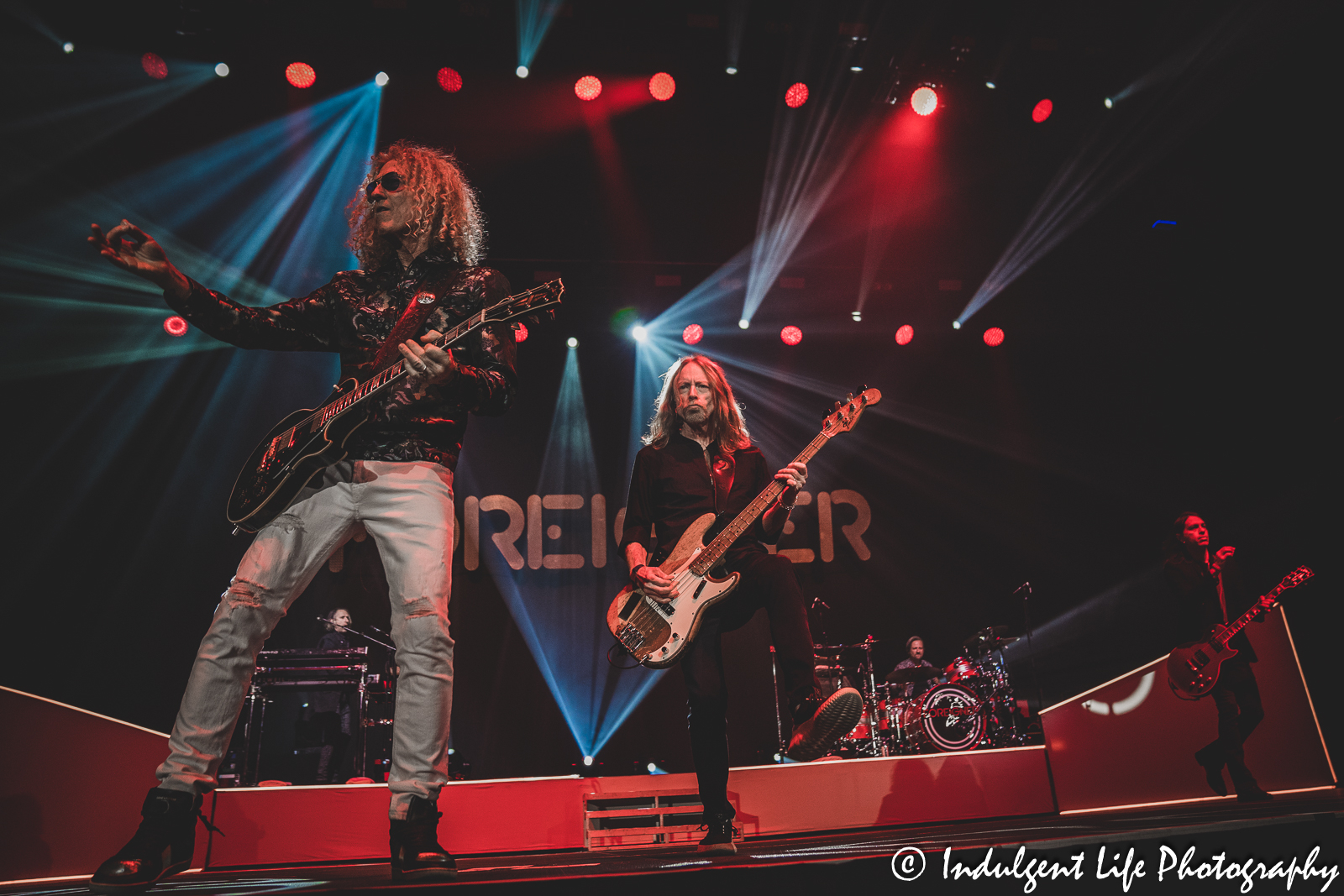 Foreigner band members Bruce Watson, Jeff Pilson, Luis Maldonado, Michael Bluestein and Chris Frazier performing together at Stormont Vail Events Center in Topeka, KS on May 2, 2023.