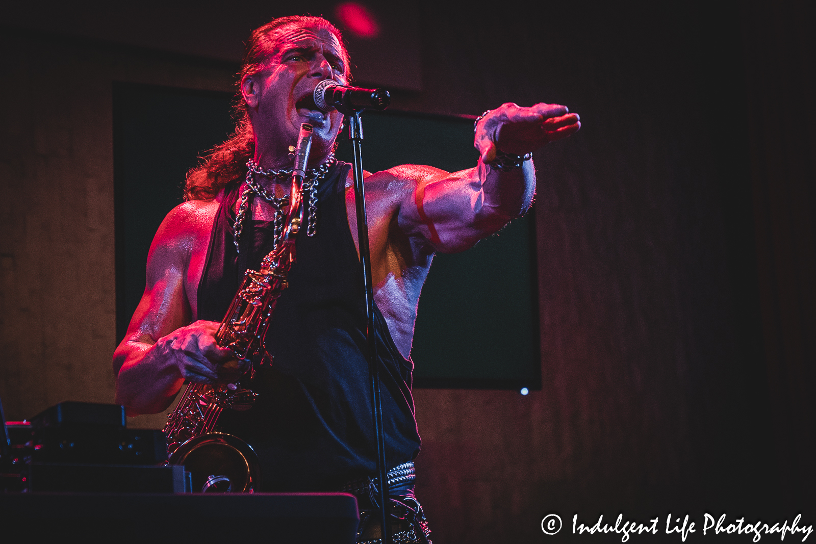 Saxophone player Tim Cappello singing live in concert at the recordBar in downtown Kansas City, MO on June 15, 2023.